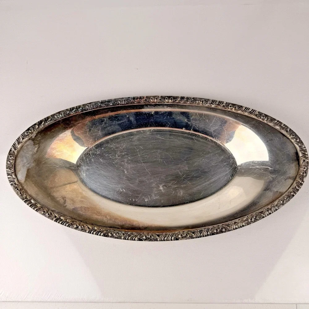 Vintage Silver Plated‎ Oval Serving Tray Rose Rim Victorian Style 13